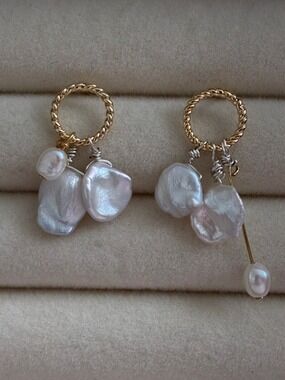 Gold Hoop Earrings with White Baroque Pearl Drops